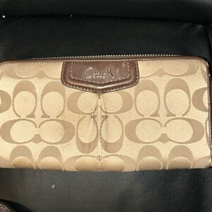 Coach Beige and Brown Signature Zip Wallet